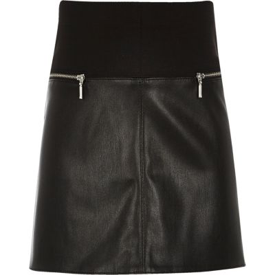 Girls black leather-look A-line skirt